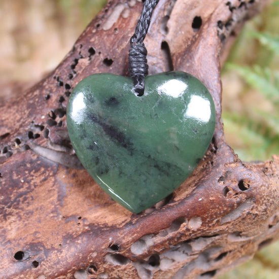 Heart with Koru carved from Hapopo Pounamu - NZ Greenstone