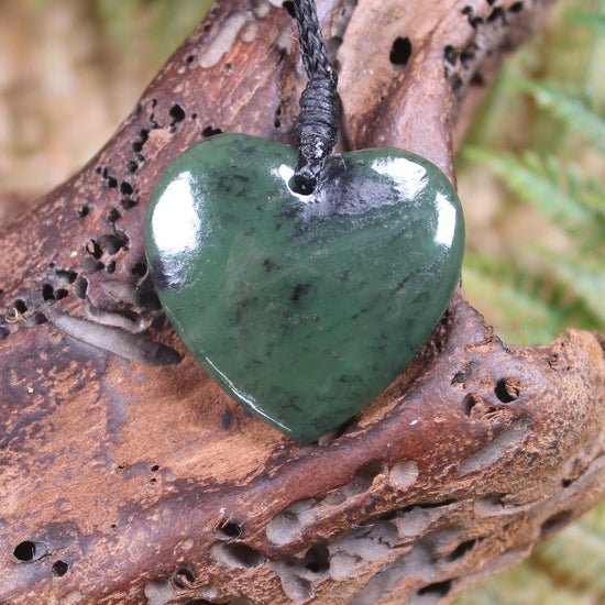 Heart with Koru carved from Hapopo Pounamu - NZ Greenstone