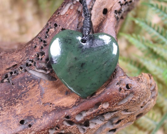 Heart with Koru carved from Hapopo Pounamu - NZ Greenstone