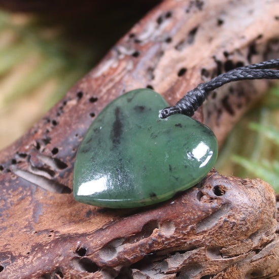 Heart with Koru carved from Hapopo Pounamu - NZ Greenstone