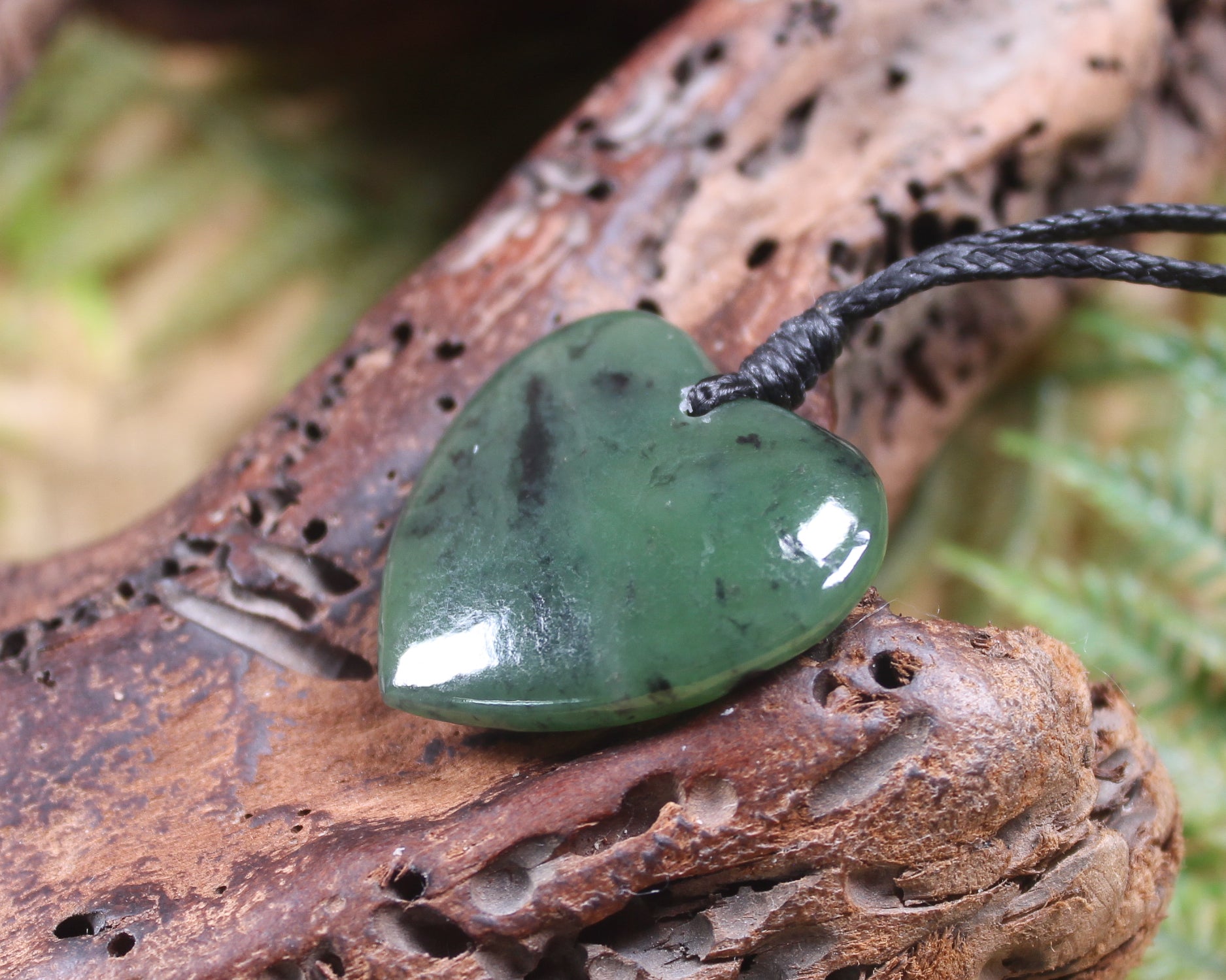 Heart with Koru carved from Hapopo Pounamu - NZ Greenstone
