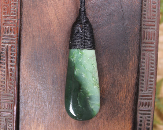 Roimata or Teardop with Koru carved from Kawakawa Pounamu - NZ Greenstone