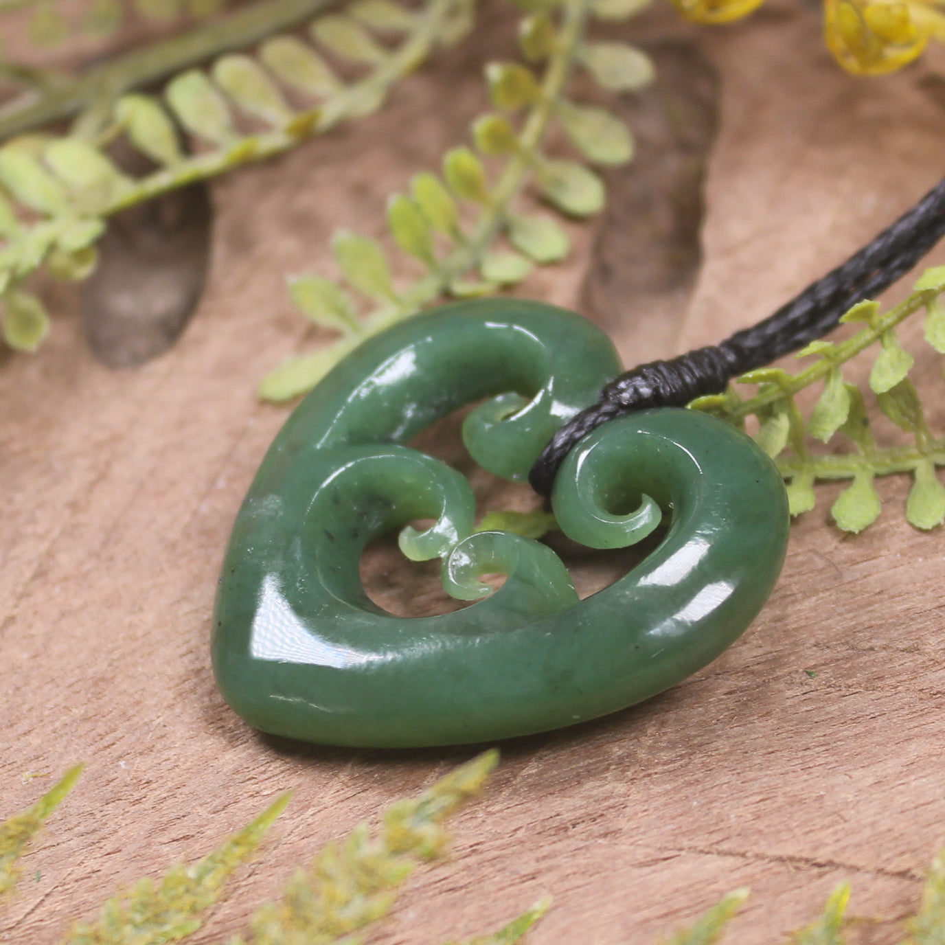 Heart with Koru carved from Hapopo Pounamu - NZ Greenstone