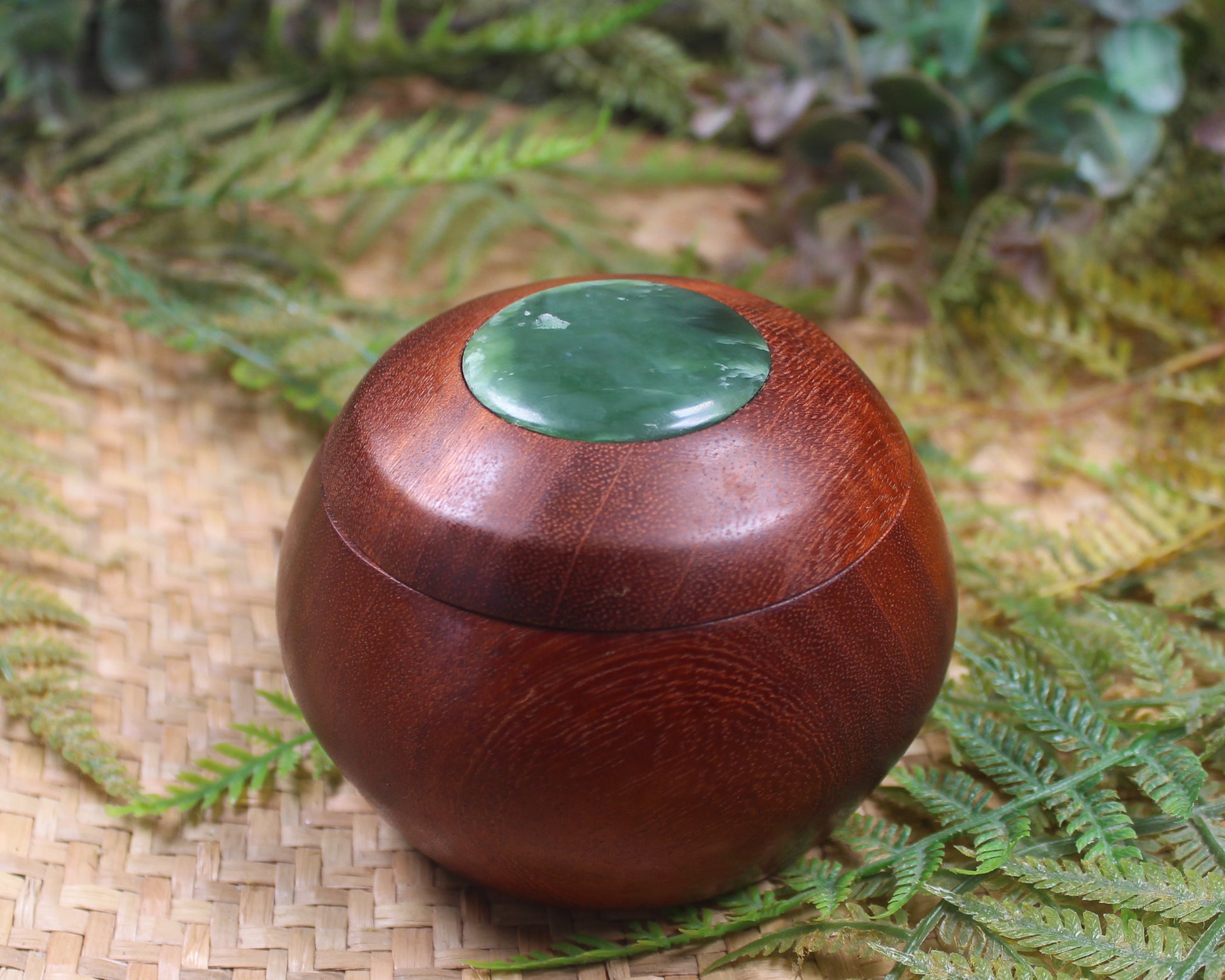 Wooden container with Inanga 
Pounamu set into lid - NZ Greenstone