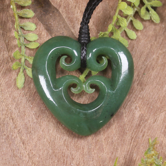 Heart with Koru carved from Hapopo Pounamu - NZ Greenstone