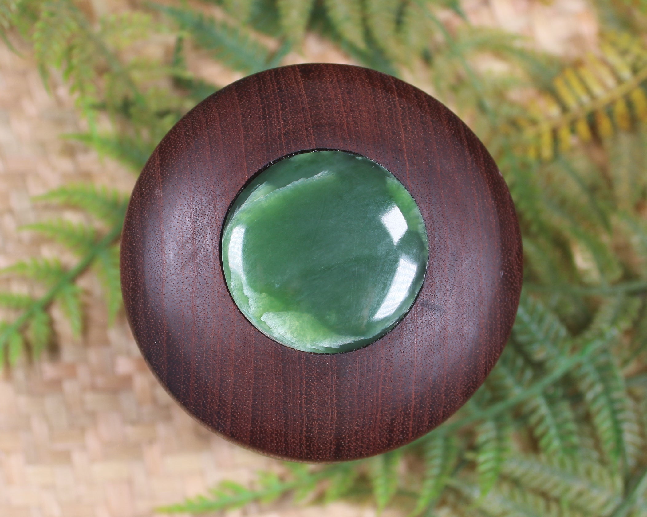 Wooden container with Kawakawa Pounamu set into lid - NZ Greenstone