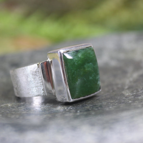 Sterling Silver Kawakawa Pounamu Ring - NZ Greenstone