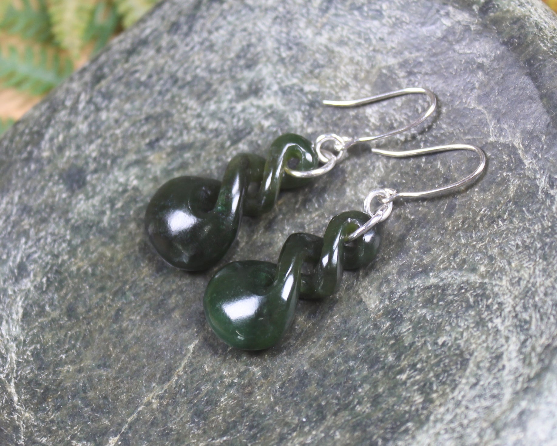 Twist Earrings carved from Rimu Pounamu - NZ Greenstone