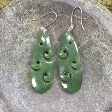 Roimata with Koru earrings carved from Hapopo Pounamu - NZ Greenstone