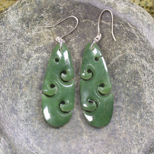 Roimata with Koru earrings carved from Hapopo Pounamu - NZ Greenstone
