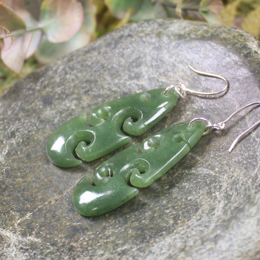 Roimata with Koru earrings carved from Hapopo Pounamu - NZ Greenstone