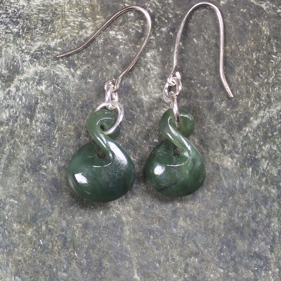 Twist Earrings carved from Kawakawa Pounamu - NZ Greenstone