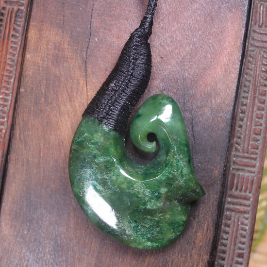 Hei Matau or Fish Hook carved from Kawakawa Pounamu - NZ Greenstone