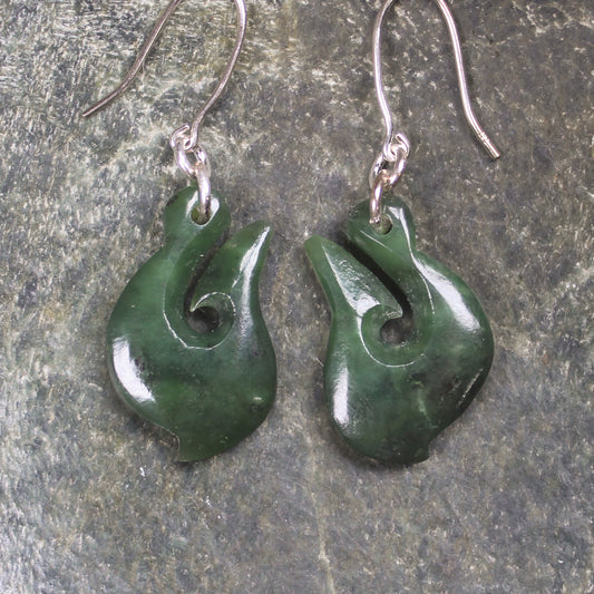 Matau or Fish Hook Earrings carved from Kawakawa Pounamu - NZ Greenstone