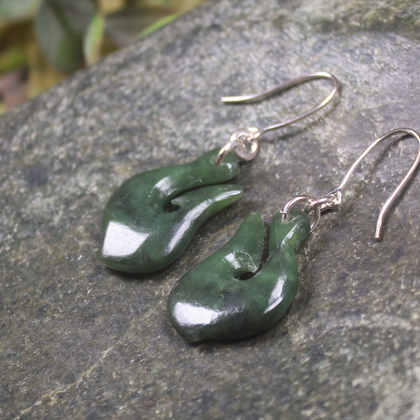 Matau or Fish Hook Earrings carved from Kawakawa Pounamu - NZ Greenstone
