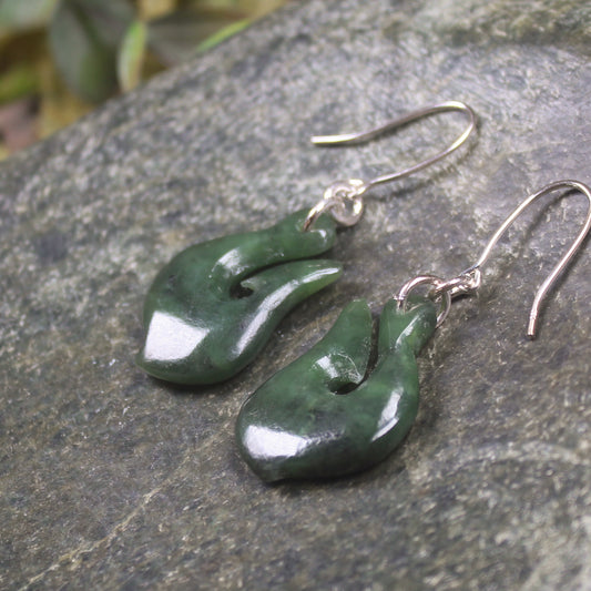 Matau or Fish Hook Earrings carved from Kawakawa Pounamu - NZ Greenstone