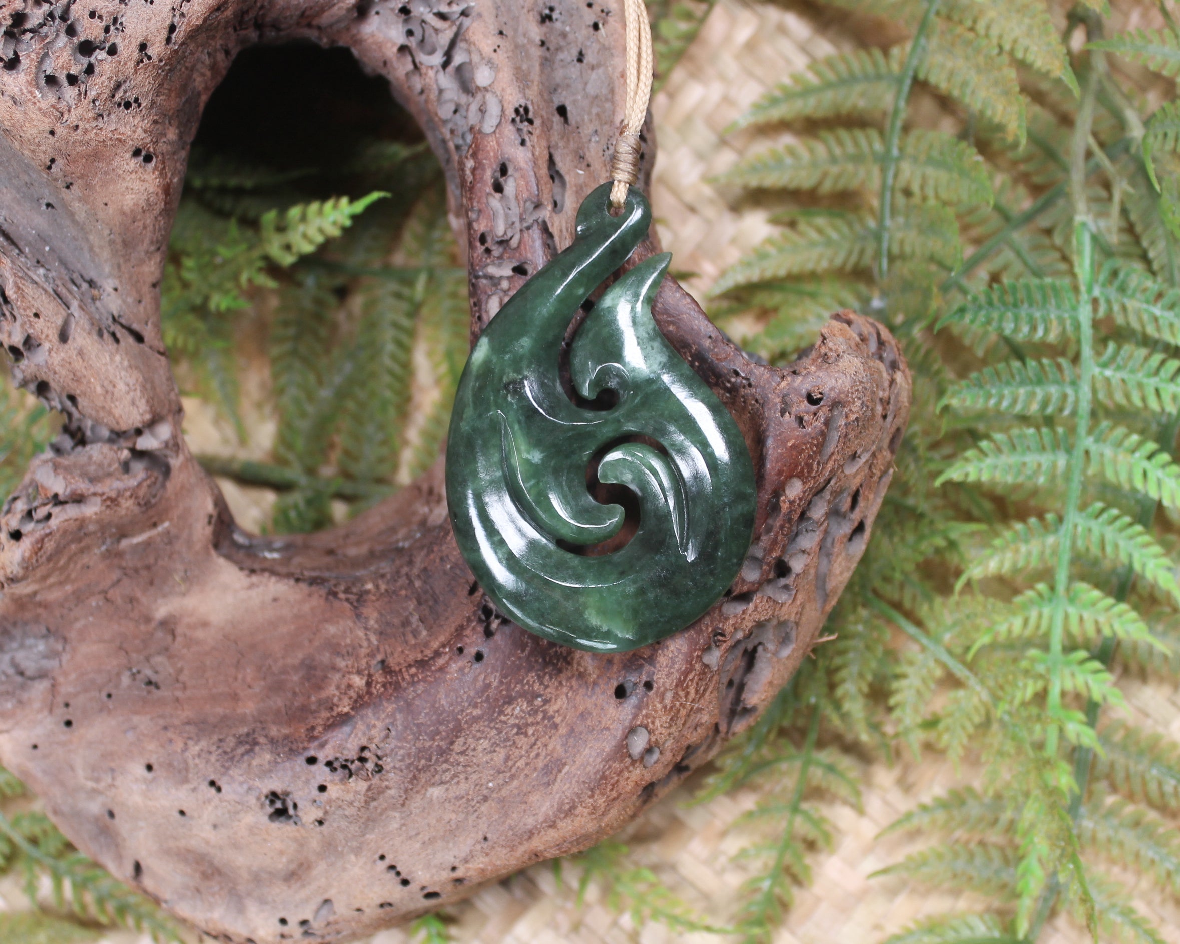 Hei Matau or Fish Hook carved from Hapopo Pounamu - NZ Greenstone