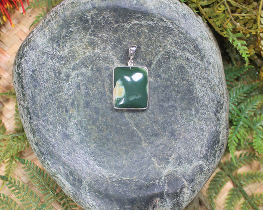 Sterling Silver Greenstone Pendant carved from Flower Jade Pounamu - NZ Greenstone
