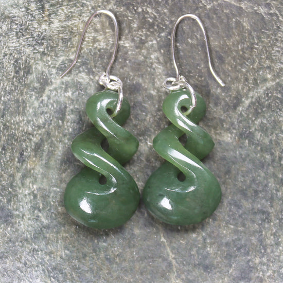 Twist Earrings carved from Hapopo Pounamu - NZ Greenstone