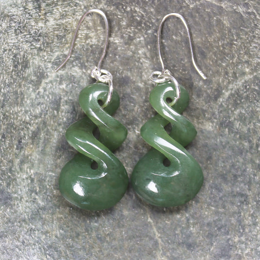 Twist Earrings carved from Hapopo Pounamu - NZ Greenstone