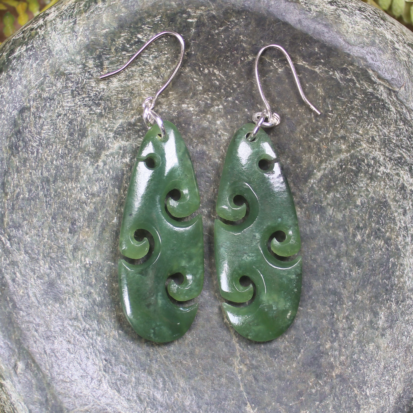 Roimata with Koru earrings carved from Hapopo Pounamu - NZ Greenstone