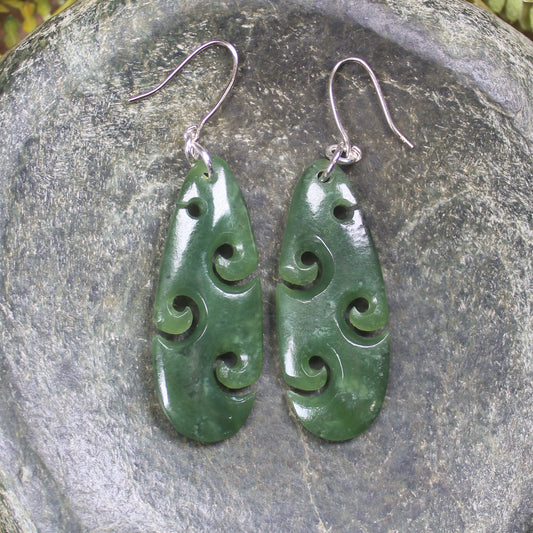 Roimata with Koru earrings carved from Hapopo Pounamu - NZ Greenstone