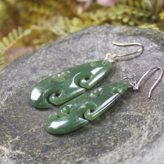 Roimata with Koru earrings carved from Hapopo Pounamu - NZ Greenstone