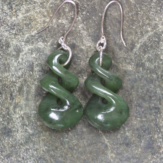 Twist Earrings carved from Hapopo Pounamu - NZ Greenstone