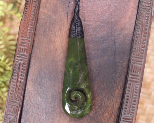 Roimata or Teardop with Koru carved from Rimu Pounamu - NZ Greenstone