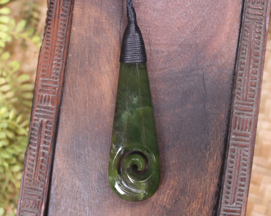 Roimata or Teardop with Koru carved from Rimu Pounamu - NZ Greenstone