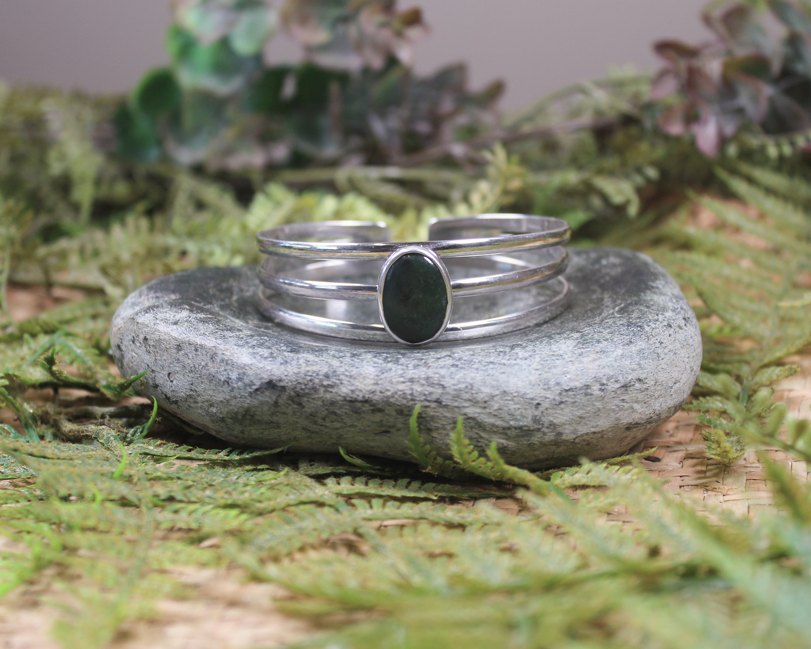 Sterling Silver Cuff Bangle with Pounamu