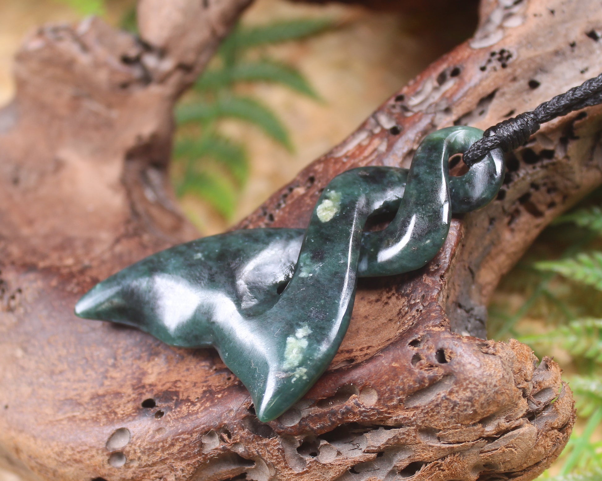 Whale tail carved from Inanga Pounamu - NZ Greenstone
