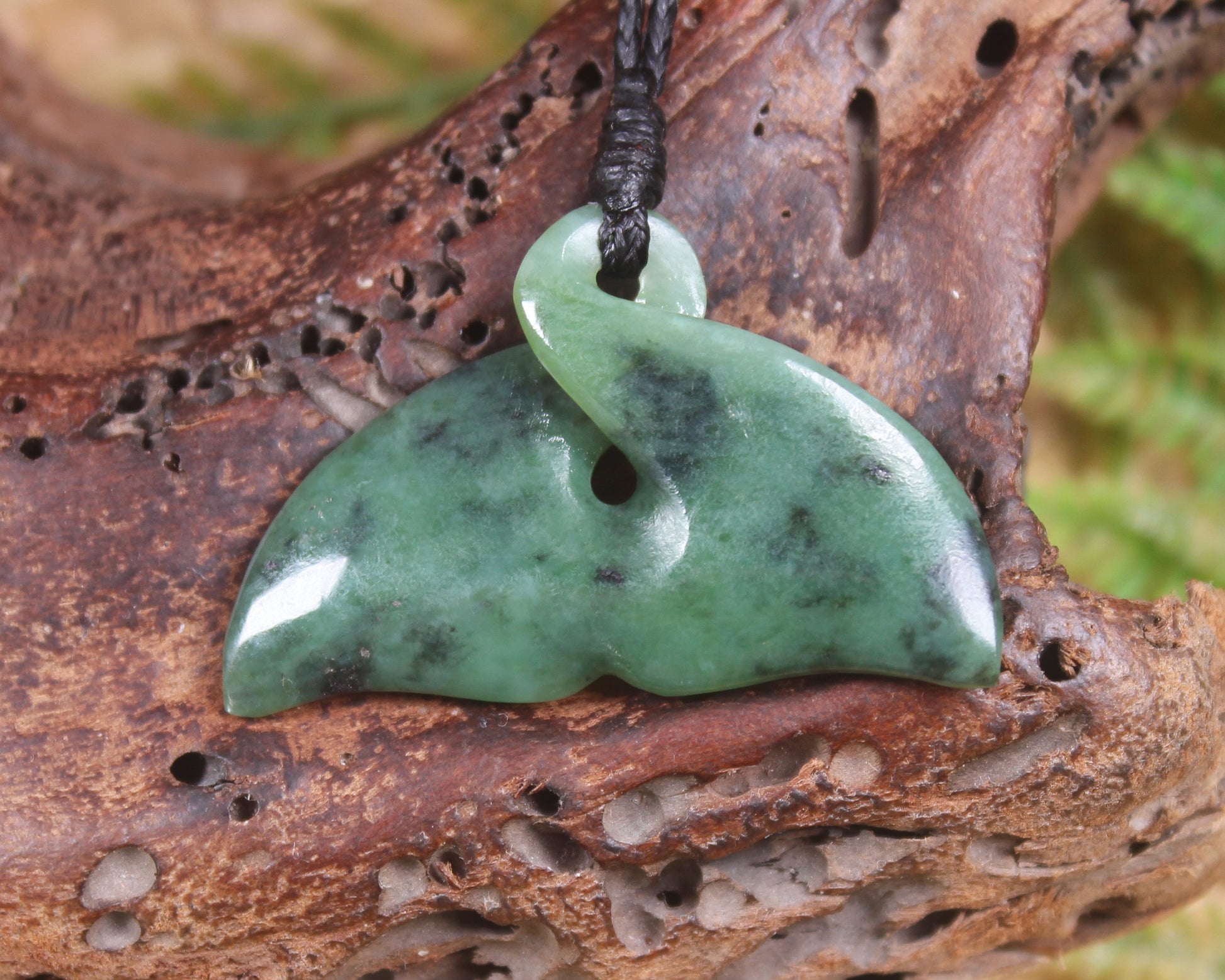 Whale tail carved from Inanga Pounamu - NZ Greenstone