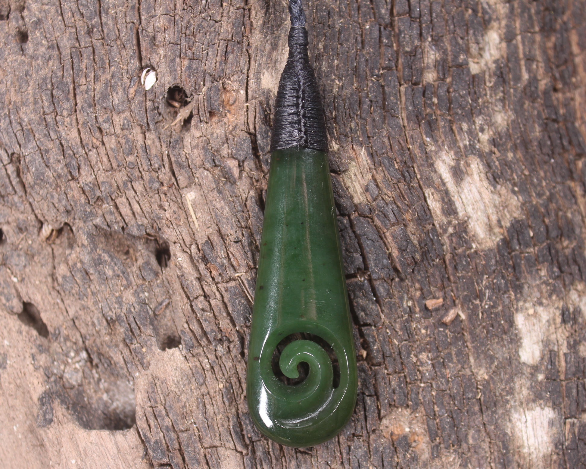 Roimata or Teardop with Koru carved from Kawakawa Pounamu - NZ Greenstone