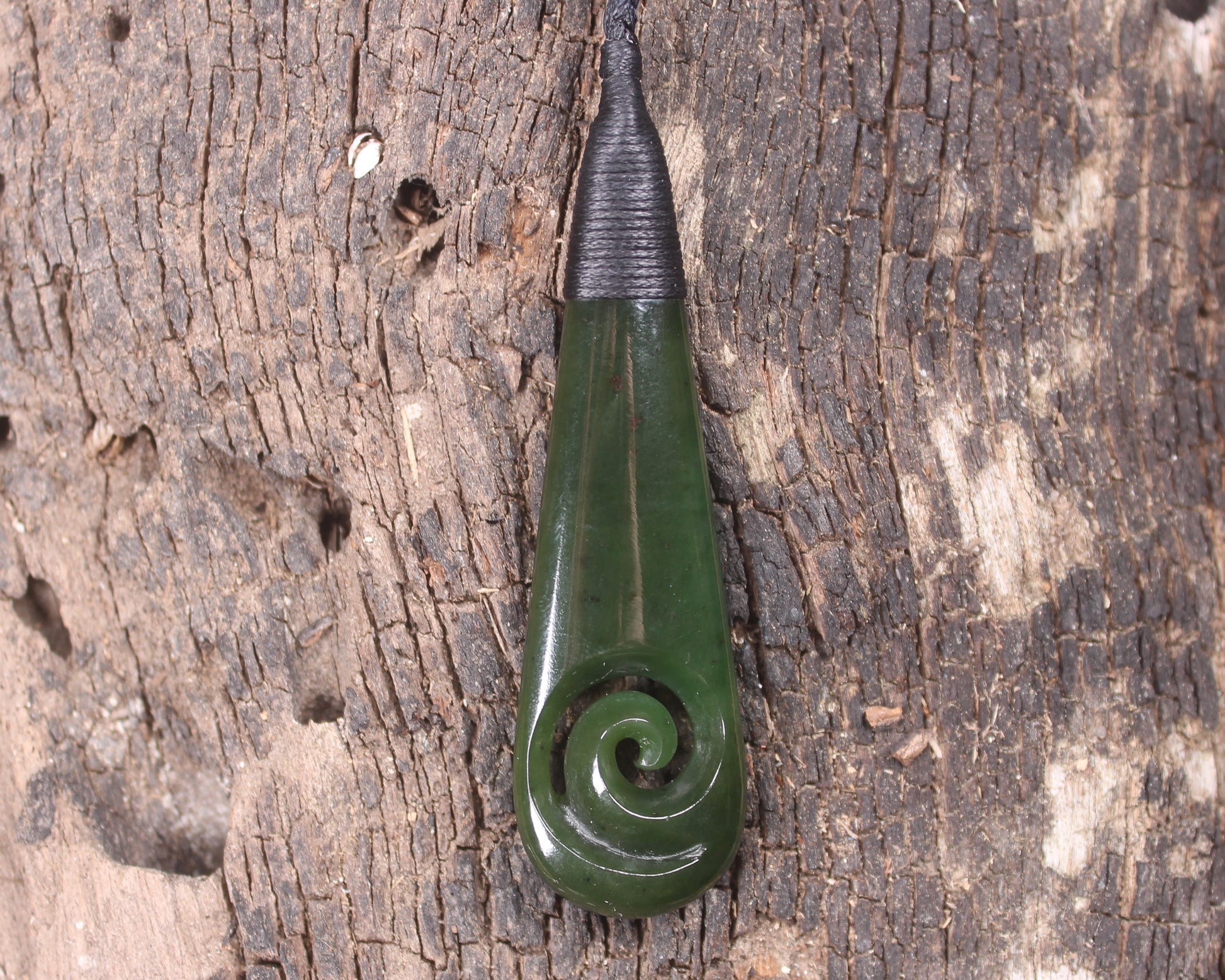 Roimata or Teardop with Koru carved from Kawakawa Pounamu - NZ Greenstone