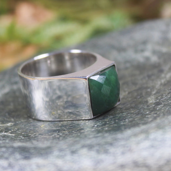 Sterling Silver Kawakawa Pounamu Ring - NZ Greenstone