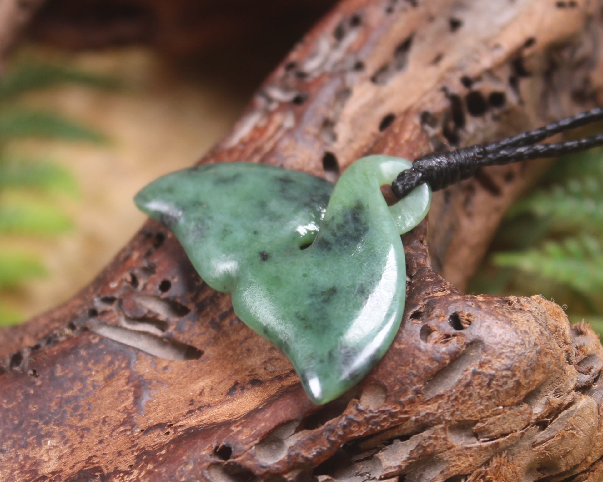 Whale tail carved from Inanga Pounamu - NZ Greenstone