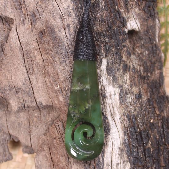 Roimata or Teardop with Koru carved from Rimu Pounamu - NZ Greenstone