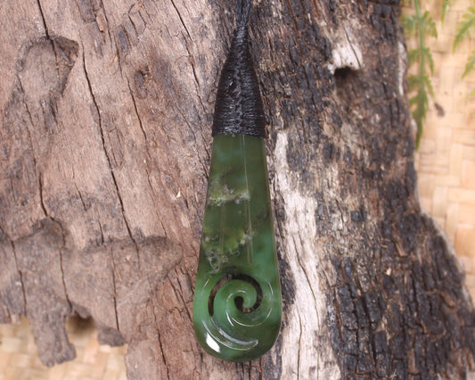 Roimata or Teardop with Koru carved from Rimu Pounamu - NZ Greenstone
