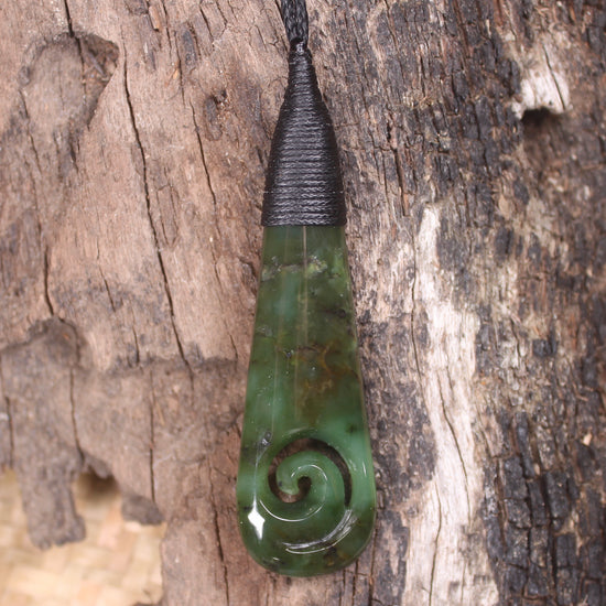 Roimata or Teardop with Koru carved from Rimu Pounamu - NZ Greenstone