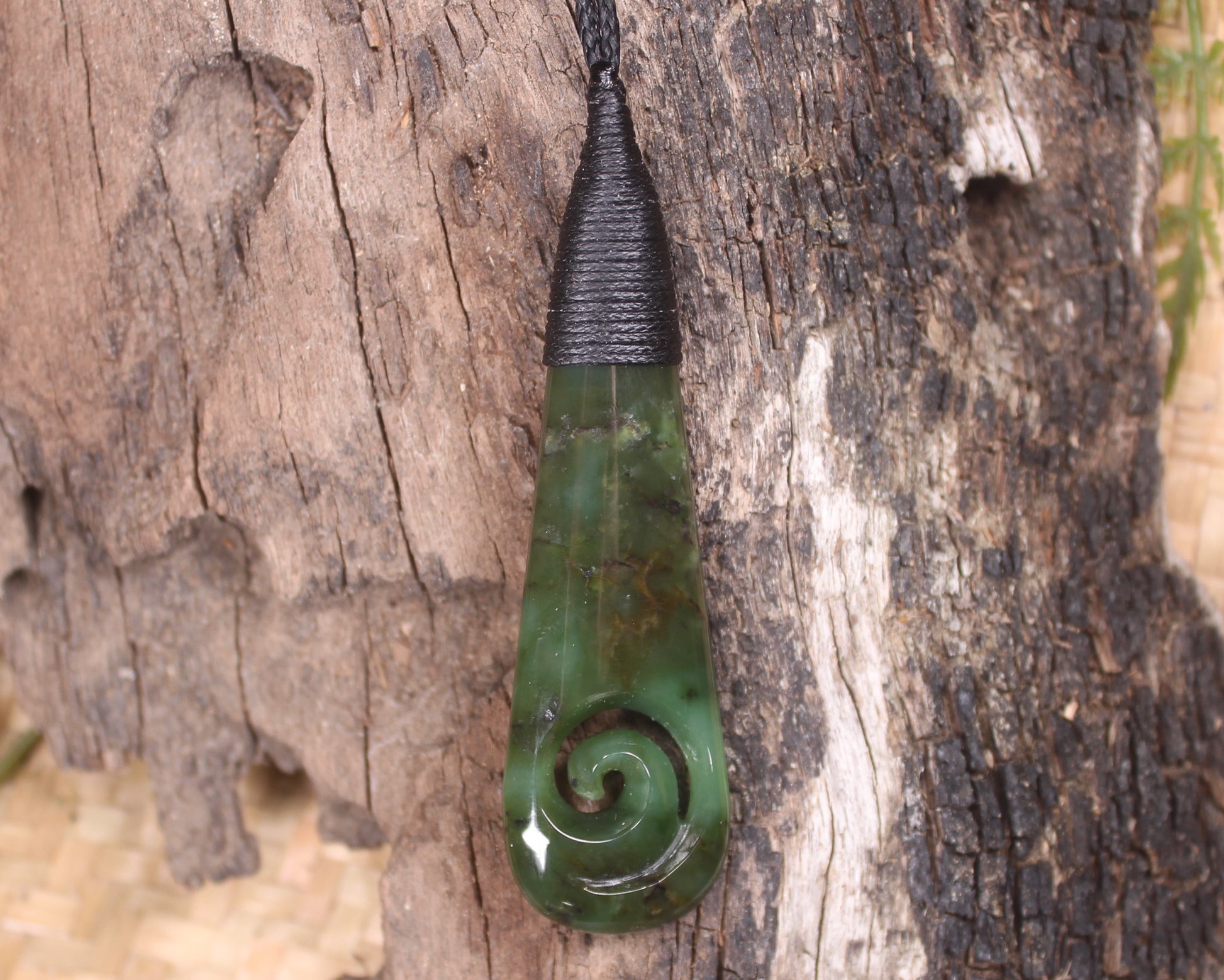 Roimata or Teardop with Koru carved from Rimu Pounamu - NZ Greenstone
