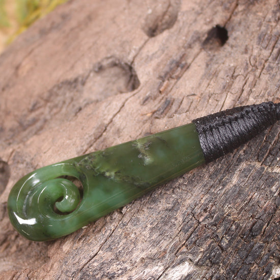 Roimata or Teardop with Koru carved from Rimu Pounamu - NZ Greenstone