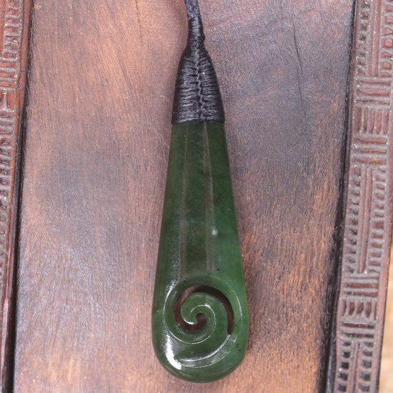 Roimata or Teardop with Koru carved from Kawakawa Pounamu - NZ Greenstone