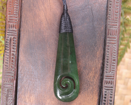 Roimata or Teardop with Koru carved from Kawakawa Pounamu - NZ Greenstone