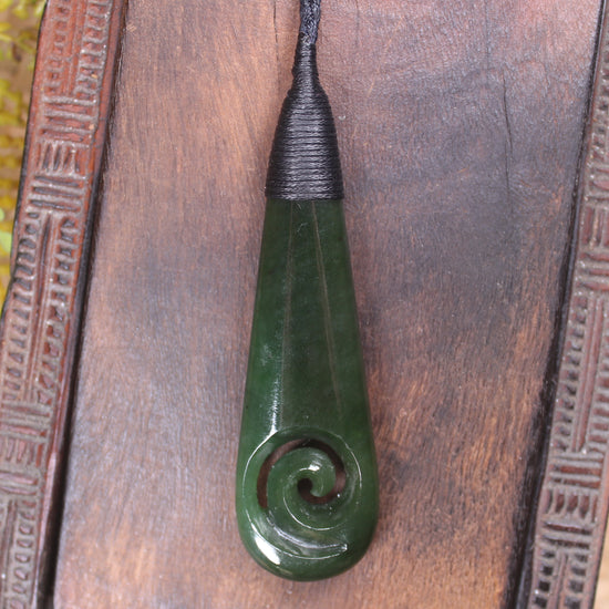 Roimata or Teardop with Koru carved from Kawakawa Pounamu - NZ Greenstone