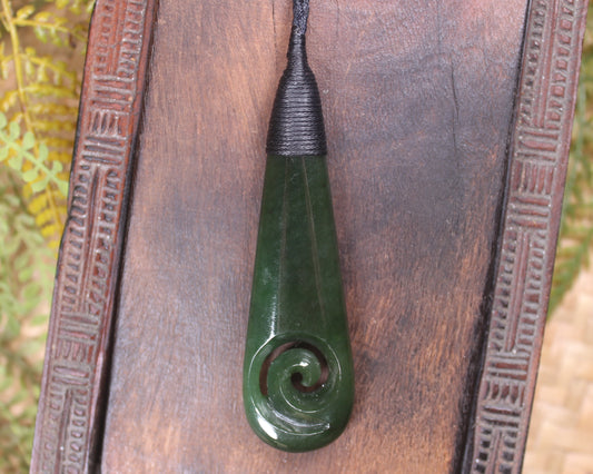 Roimata or Teardop with Koru carved from Kawakawa Pounamu - NZ Greenstone
