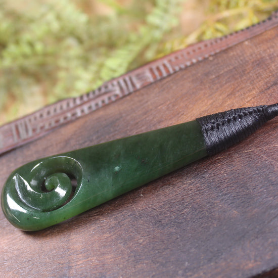 Roimata or Teardop with Koru carved from Kawakawa Pounamu - NZ Greenstone