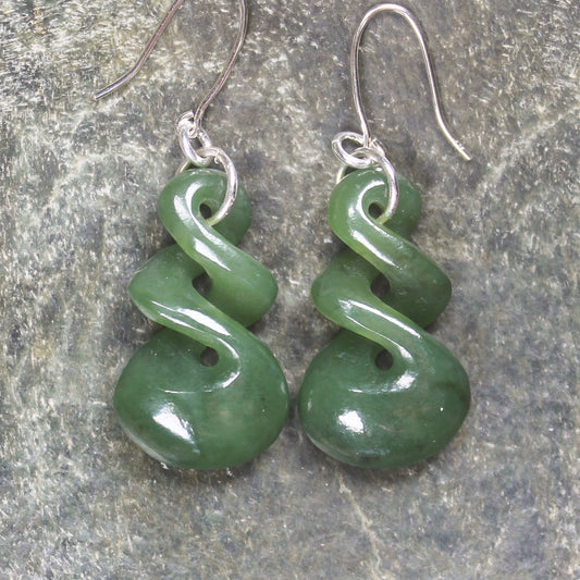 Twist Earrings carved from Hapopo Pounamu - NZ Greenstone