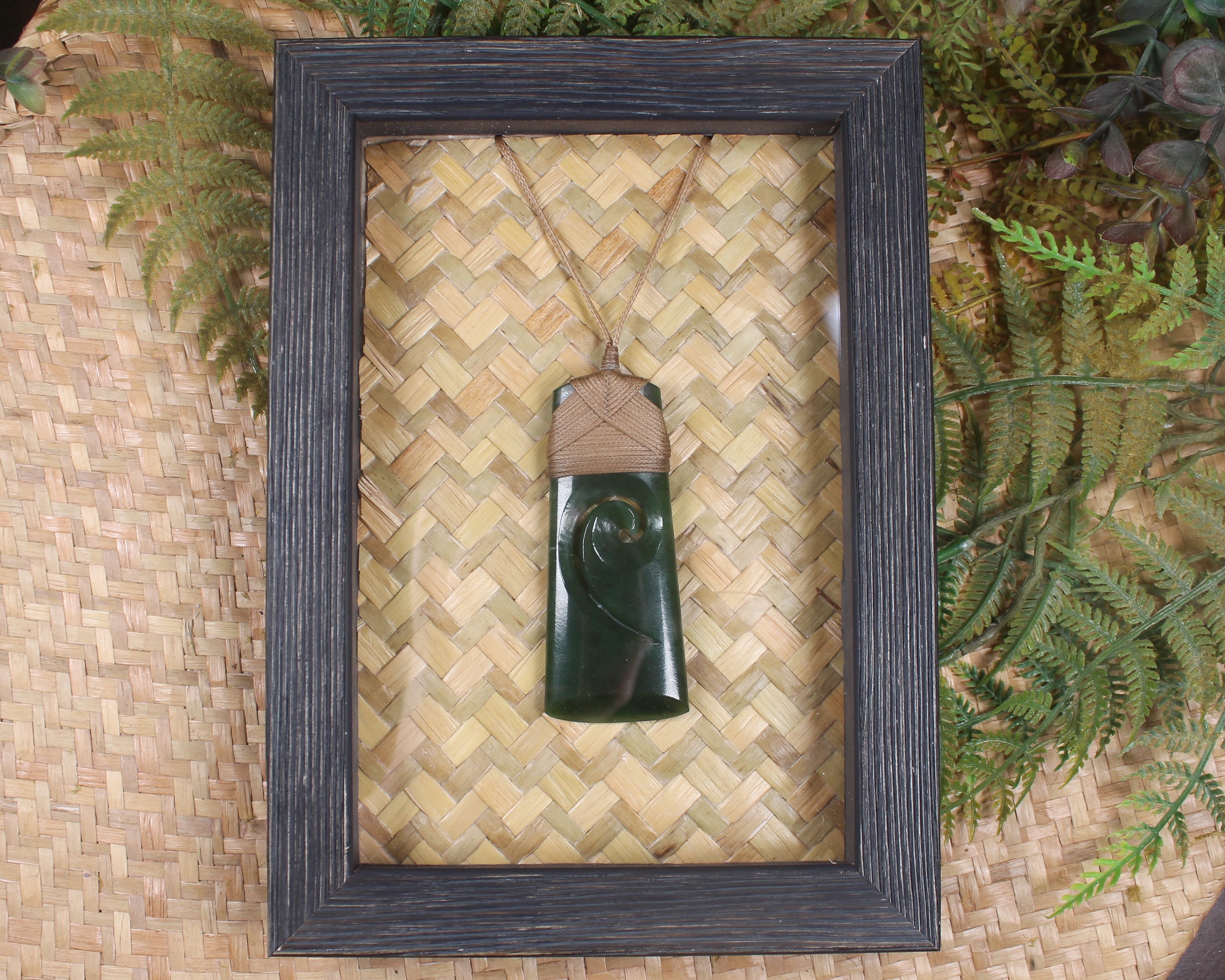 Framed Kawakawa Pounamu Toki with Koru - NZ Greenstone