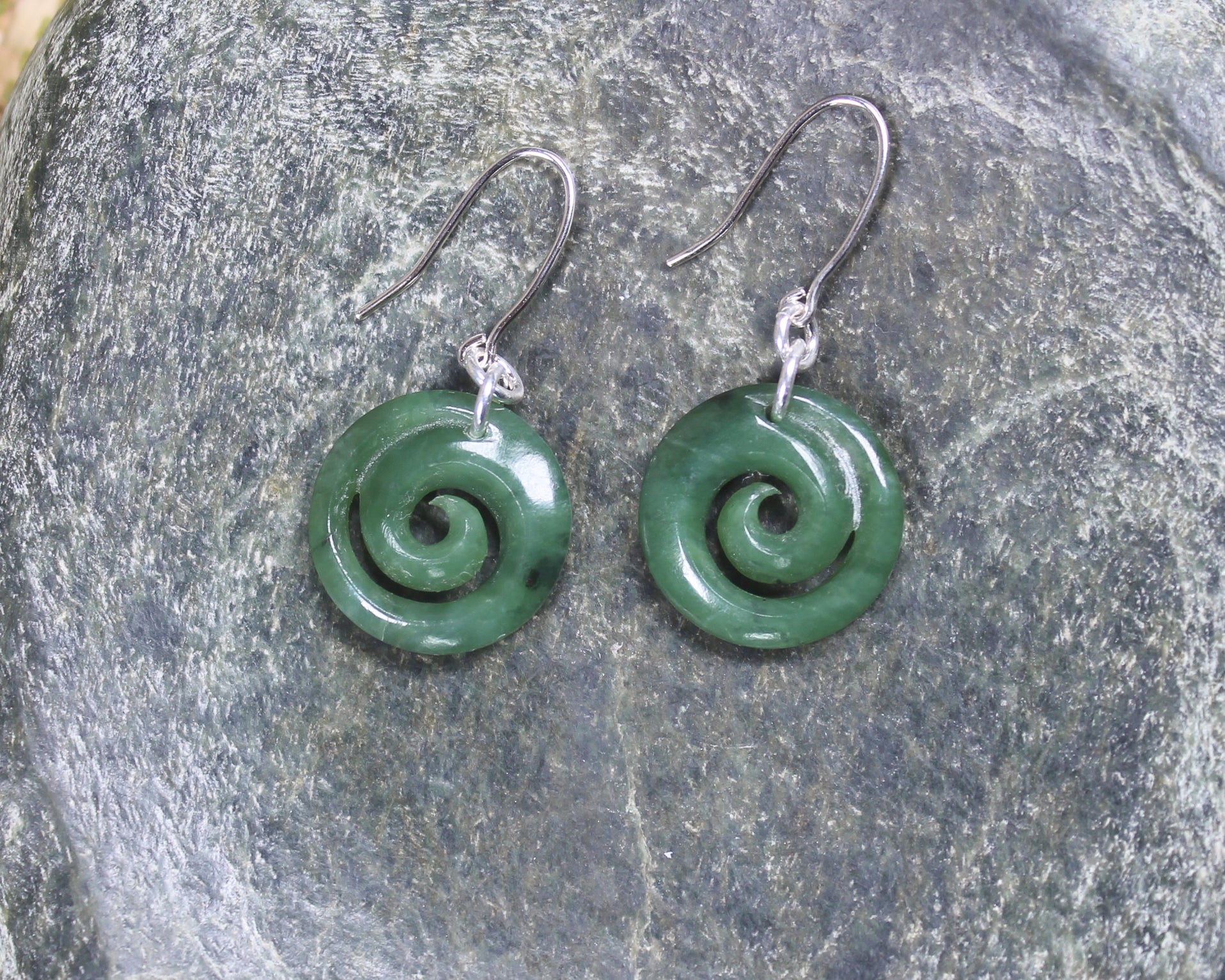 Koru Earrings carved from Hapopo Pounamu - NZ Greenstone